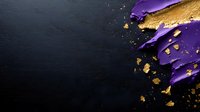 Purple and gold metallic paint smears with scattered flakes on dark background create luxurious abstract composition with rich texture and dramatic contrast.