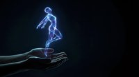 Glowing blue holographic human figure floating above open hands against dark background for technology and innovation concepts.