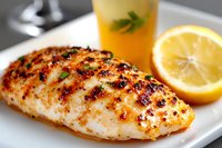 Grilled chicken breast with crispy seasoned crust, served on white plate with fresh lemon slice and herb-infused drink, showcasing gourmet home cooking presentation.
