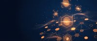 Digital network connections with glowing hexagonal nodes and data pathways on dark blue background for technology and cybersecurity concepts.