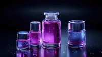 Magical glowing bottles with purple and blue luminescent liquid on dark background with sparkles and reflections, mystical potion concept for fantasy designs.