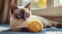 Adorable Siamese kitten with bright blue eyes playing with yellow yarn ball on cozy blanket near sunny window. Perfect for pet care and home comfort themes.