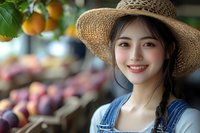 Young Asian woman farmer in straw hat and denim overalls smiling at farmers market with fresh fruits and produce display in soft natural lighting.