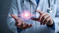 Healthcare professional holding glowing digital brain network with neural connections representing medical technology and artificial intelligence innovation.