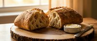 Freshly baked artisan bread loaves with crispy crust sliced open, displayed on wooden board with butter spread for bakery, food photography, culinary content.