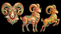 Ornate rams with decorative swirls and floral patterns in vibrant red, gold, and green tones, isolated on transparent background, ready for stickers, sublimation, and t-shirt design.