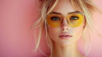 Young blonde woman wearing trendy yellow sunglasses against soft pink background. Fashion portrait with modern eyewear for summer style and accessories campaigns.