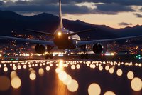 Commercial passenger aircraft landing at dusk with dramatic mountain silhouettes and runway lights creating magical bokeh effect in foreground against moody evening sky.