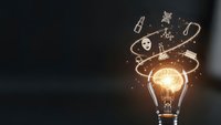 Glowing light bulb with floating musical notes and symbols on dark background representing creative inspiration and artistic innovation in music composition.