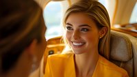 Young professional woman with bright smile wearing yellow blazer seated in luxury car interior, warm sunlight creating positive business atmosphere.