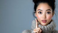 Young Asian woman with natural makeup wearing cozy knit turtleneck sweater holds finger up in thoughtful expression against gray background, messy bun hairstyle and glowing skin.