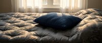Cozy bedroom with sunlight streaming through sheer curtains, featuring a plush bed with decorative pillows and soft bedding, perfect for home decor and lifestyle content.