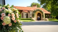 Romantic floral arrangement with pink roses and white hydrangeas in foreground, elegant wedding venue with Mediterranean style architecture and flower arch entrance.
