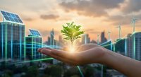 Hand holding green plant with sustainable city skyline featuring solar panels and wind turbines at sunset representing eco-friendly urban development.
