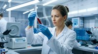 Female scientist examining blood sample in test tube wearing protective gloves in modern laboratory for medical research and diagnostic testing procedures.