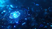 Futuristic cyber technology circuit with glowing blue energy core and digital elements on dark background, representing advanced computing systems.