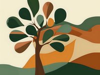 Abstract tree with organic shapes in earth tones and green foliage against rolling hills landscape for modern wall art and contemporary home decor.