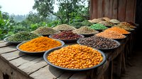 Colorful array of spices, legumes, and dried ingredients in traditional metal plates on rustic wooden surface against blurred tropical forest background.