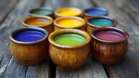 Vibrant colorful paints in rustic wooden bowls arranged on dark wooden surface. Natural pottery containers with bright pigments showcase artisanal craftsmanship.
