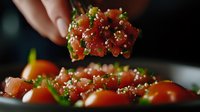 Fresh tomato salad with quinoa garnish and herbs falling onto cherry tomatoes in dark moody setting, macro food photography highlighting texture and ingredients.