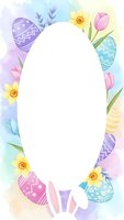 Easter egg frame with colorful decorated eggs, spring flowers, tulips and bunny ears on watercolor background for holiday greeting cards and invitations.