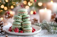 Green macarons stacked as Christmas tree with star topper on white plate. Holiday dessert with festive decorations, bokeh lights and pine branches.