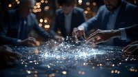 Business team collaborating on digital transformation project with glowing network connections and data visualization effects in dark meeting room setting.