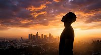 Young African American man silhouette overlooking downtown Los Angeles skyline at golden hour sunset with dramatic orange and purple clouds above urban cityscape.