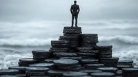 Silhouette of businessman standing on top of Giant's Causeway basalt columns against moody ocean backdrop, symbolizing leadership achievement and career success.