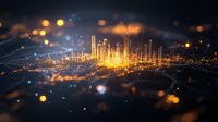 Glowing digital city skyline with golden light rays and bokeh effects on dark background, futuristic network visualization concept for smart technology.