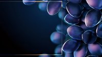 Glowing purple and blue spherical shapes create abstract background with soft bokeh effect and metallic reflections on dark surface. Futuristic design element.