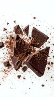 Dark chocolate pieces shattering and exploding with cocoa powder dust on white background, isolated for food and beverage design use.