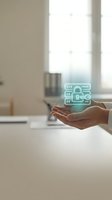 Hand holding glowing digital security icons with lock and server symbols representing cybersecurity and data protection in modern office environment.
