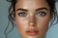 Close up portrait of young woman with natural freckles, bright blue eyes, coral lips and glowing skin against light background. Fresh summer beauty look.