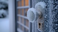 Frost covered vintage door handle and keyhole on wooden door during winter morning, with warm light glowing through window panes in background.