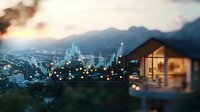 Modern luxury house overlooking city skyline at dusk with stock market chart overlay, combining real estate and financial markets in atmospheric setting.