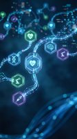 Digital healthcare network with glowing medical icons connected by flowing data streams on dark blue background for telemedicine and health tech concepts.
