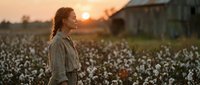 Young Caucasian female farmer in cotton field at golden hour sunset, agricultural worker inspecting crop harvest in rural farmland with barn background.