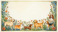 Playful dogs of various breeds frolic in decorative floral border frame with botanical elements and hearts on cream background for pet-themed designs.