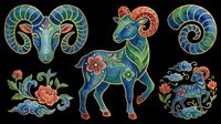 Ornate blue ram set with floral motifs in traditional Asian art style, isolated on transparent background, ready for stickers, sublimation, t-shirt design, and print on demand.