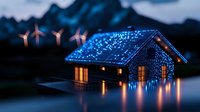 Cozy illuminated cabin with glowing blue Christmas lights reflecting on lake at dusk, wind turbines in background creating magical winter holiday atmosphere.