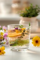 Refreshing herbal infused water with orange slice and fresh herbs in elegant glass, surrounded by colorful wildflowers on bright table.