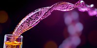 Glowing amber liquid splashing from shot glass with dynamic spiral motion against dark purple background with bokeh lights, creating magical pouring effect.