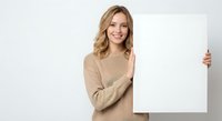 Young blonde Caucasian woman in beige sweater holding blank white poster against light background for advertising mockup and promotional design.