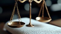 Brass scales of justice on legal document with dramatic lighting, symbolizing law, judgment, and judicial system in courtroom setting. Selective focus on metallic detail.