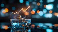 Glowing arrow rises from stacked coins in glass bowl against blurred bokeh lights, representing financial growth and investment success in dark atmosphere.