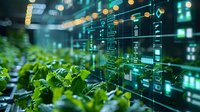 Smart agriculture technology showing digital interface monitoring plant growth in modern greenhouse with data analytics and automation systems.