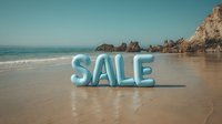 Blue inflatable sale text on sandy beach with ocean waves and rocky cliffs in background, summer retail promotion concept for seasonal discounts.