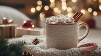 Cozy winter mug with hot chocolate, marshmallows and cinnamon sticks on knitted surface against blurred Christmas lights and holiday decorations background.