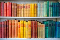 Colorful vintage books arranged by spectrum on white bookshelf, creating rainbow effect with red, yellow, and blue spines for home library decor.